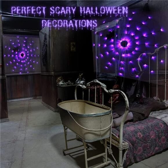 Halloween Decorations Spider Web Lights - 4FT Diameter 70 LED with Black Spider - Picture 2 of 7